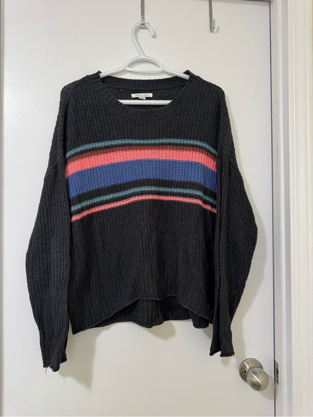American Eagle Outfitters Black Crewneck Sweater with Coral and Blue Stripes